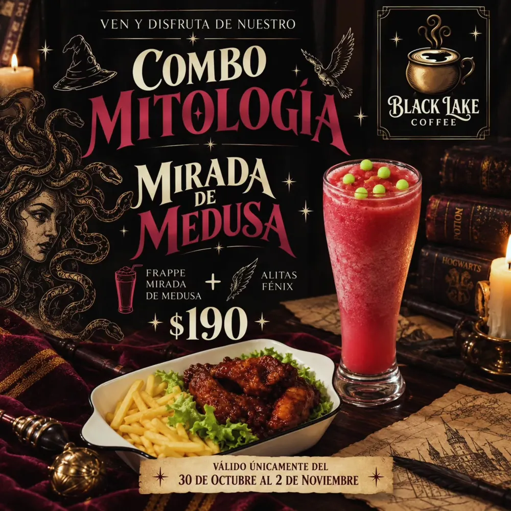 Cartel del Combo Mitología: frappé rojo con perlas verdes y alitas con papas