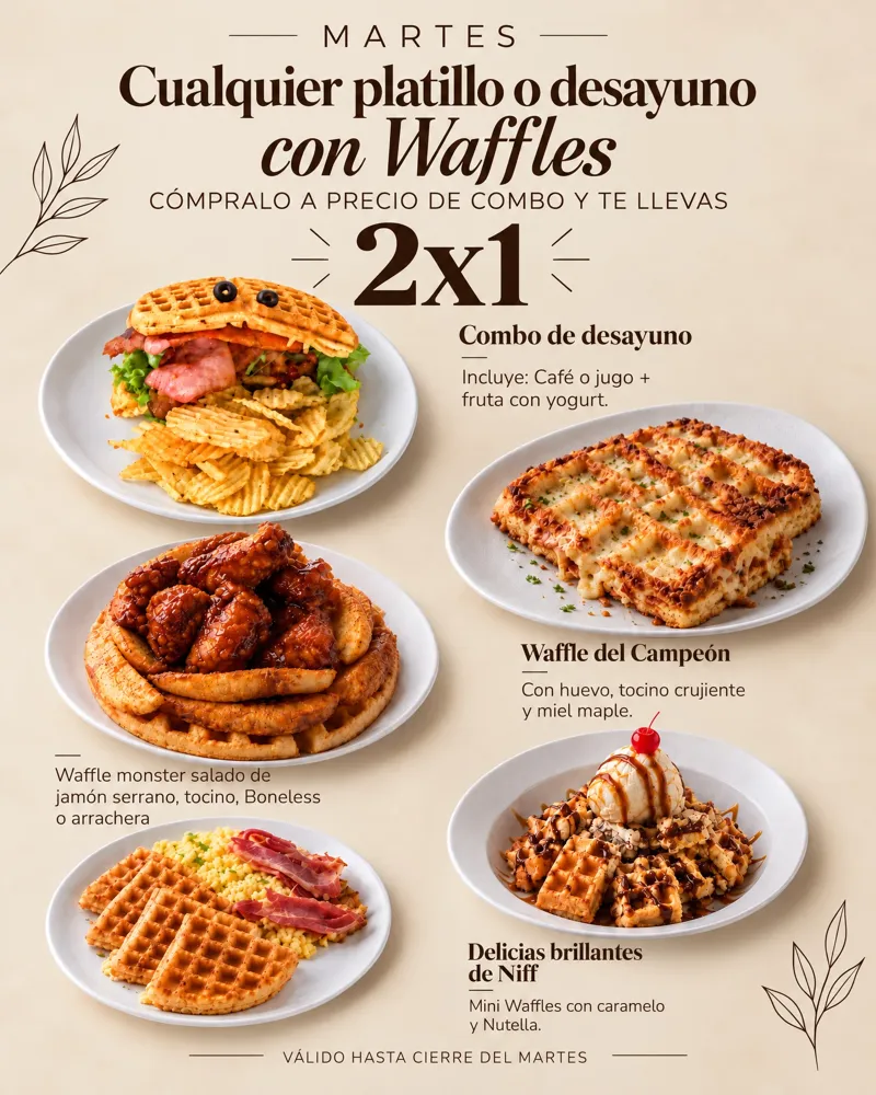 Cartel de martes con cuatro platillos de waffles y un 2x1 grande