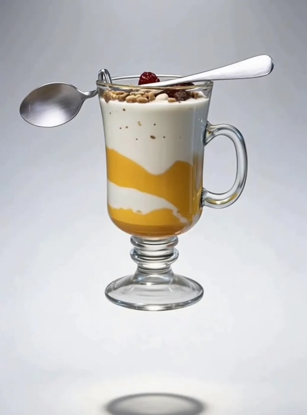Copa de vidrio con capas de yogurt y fruta y una cuchara encima